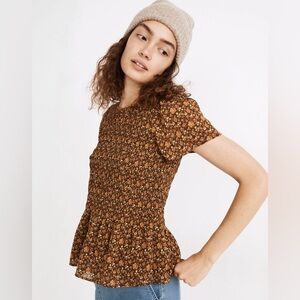 NWT Madewell Flutter-Sleeve Smocked Peplum Top Orchard Floral - Medium